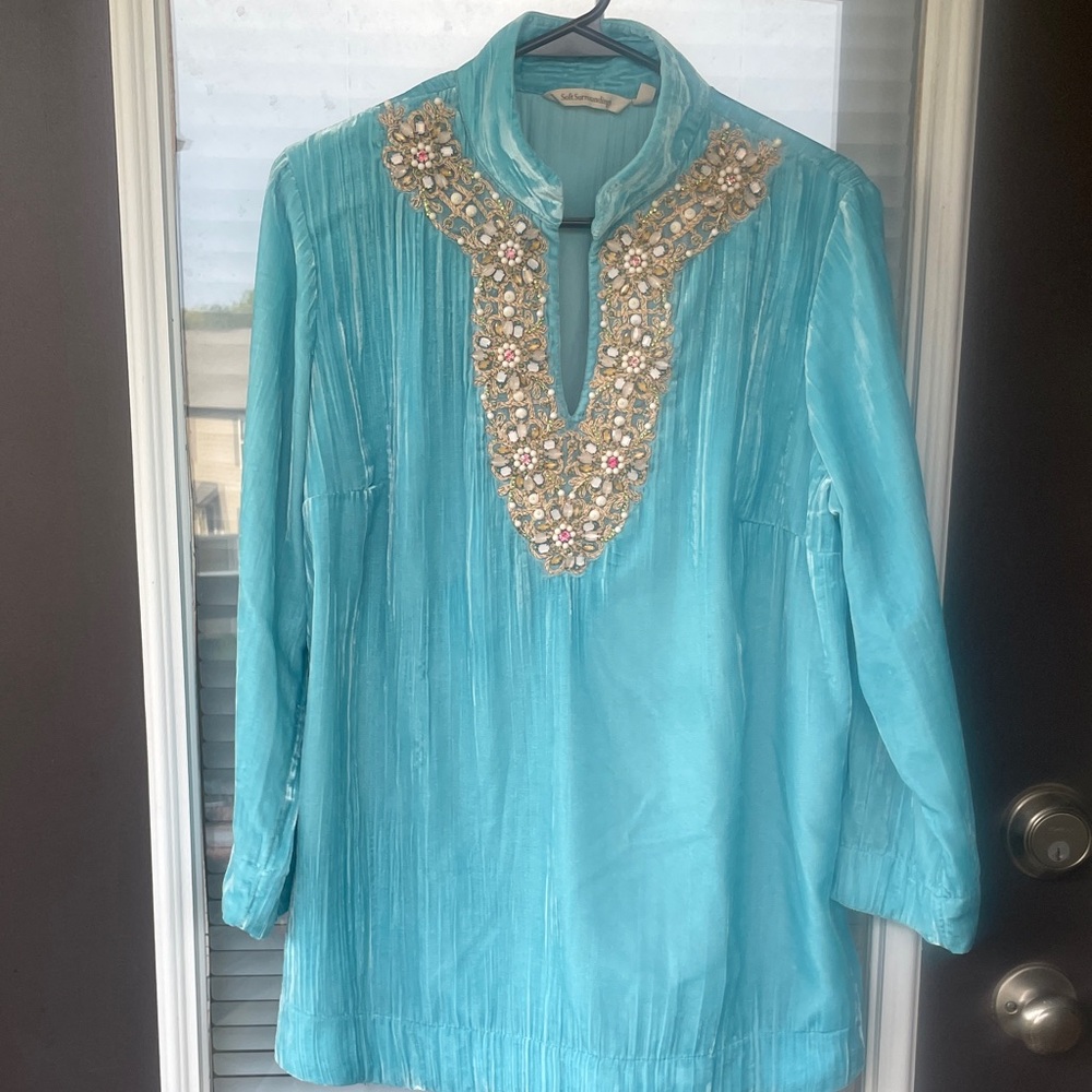Soft Surroundings Beaded V-Neck Turquoise Tunic Top - Women